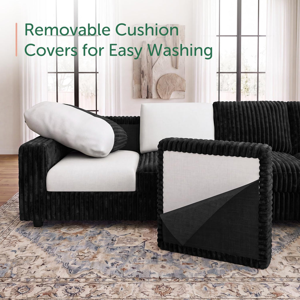 Corduroy Sectional Sofa with Ottoman, 6 Seat L Shaped Couch, Black