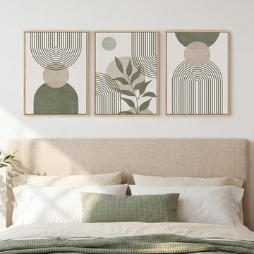 Framed Sage Green Beige Boho Abstract Geometric Wall Art Bedroom, 12x16 In
