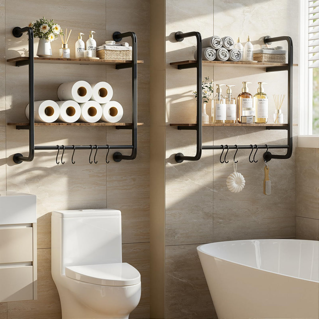 2 Tier Industrial Pipe Floating Shelf, 24" Kitchen Wall Shelves