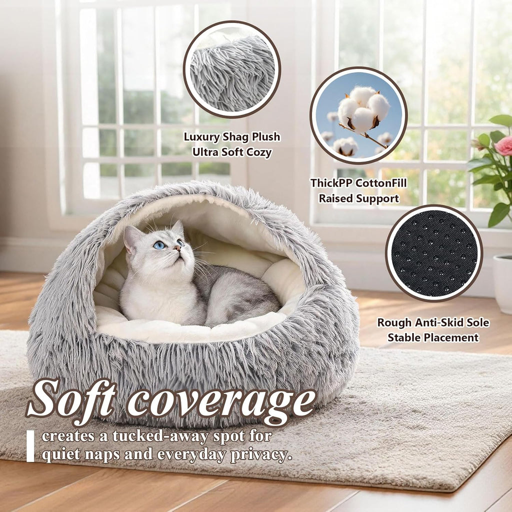 Cat Bed for Indoor Cats, 20-Inch Plush Hooded Bed with Cover, Light grey