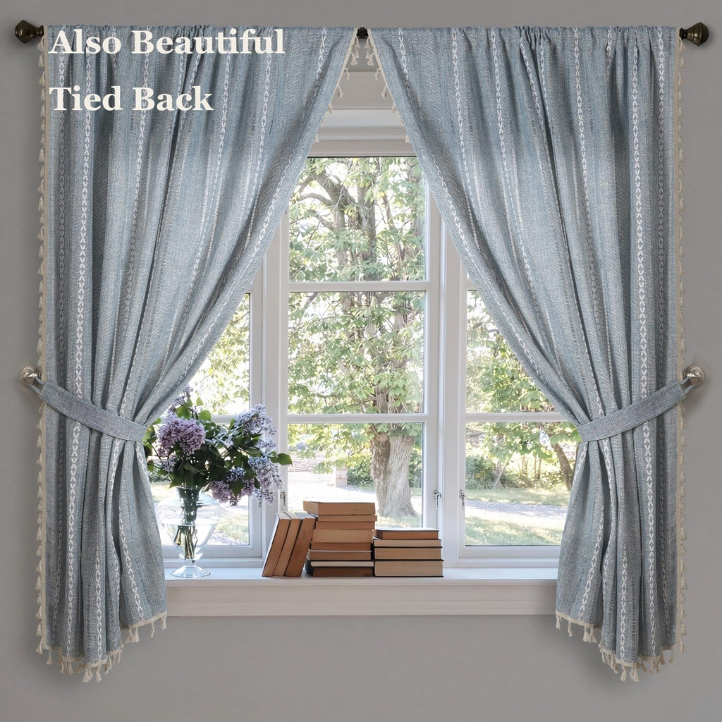 Blue Boho Curtains Linen-Textured Bedroom Light Filtering 2 Panels 63 Inch Farmhouse Embroidered Striped Curtains &