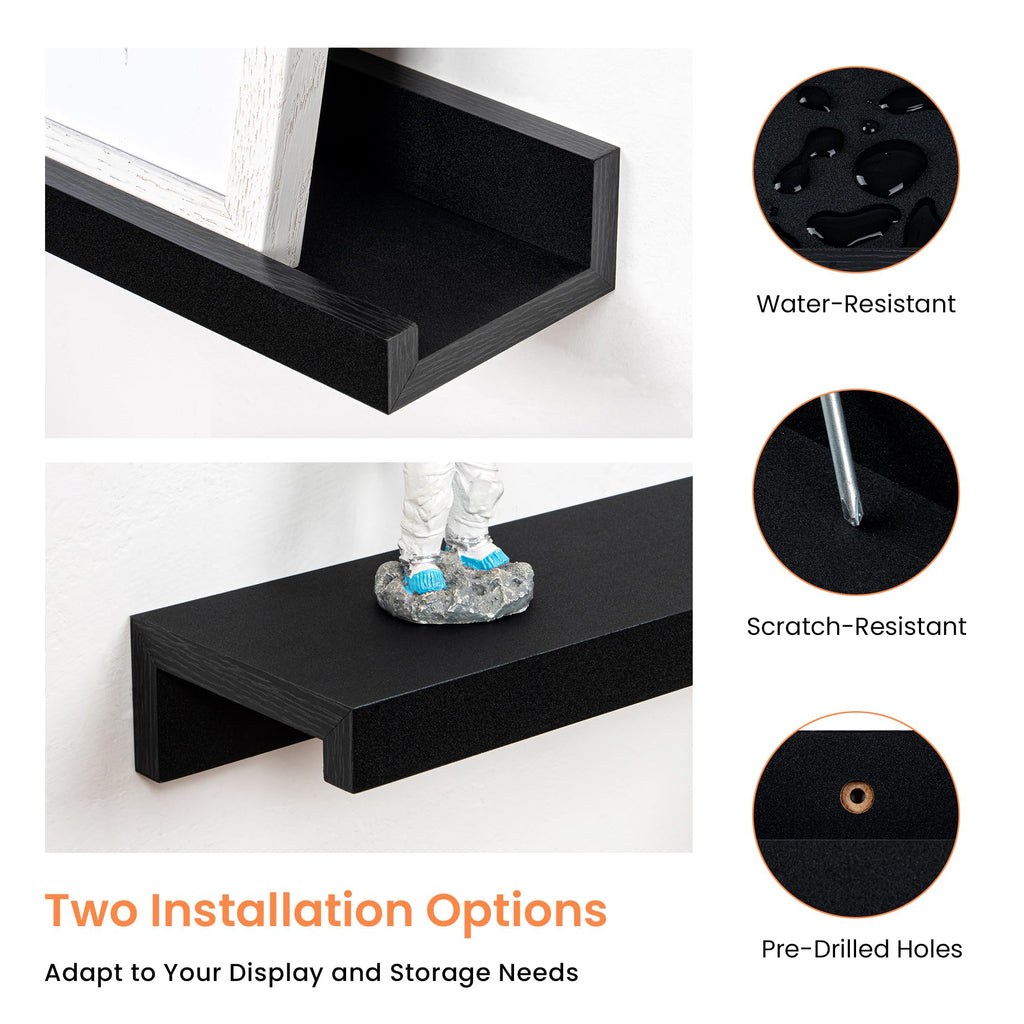 Picture Ledge Shelf, 44 inch Floating Shelves Set of 2, Black Wood Shelf
