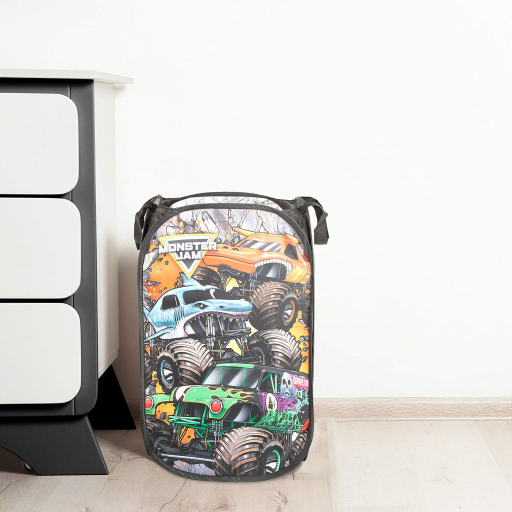 Monster Jam Break Out Pop Up Hamper - Mesh Laundry Basket/Bag with Durable Handles - Features Grave Digger & Megalodon