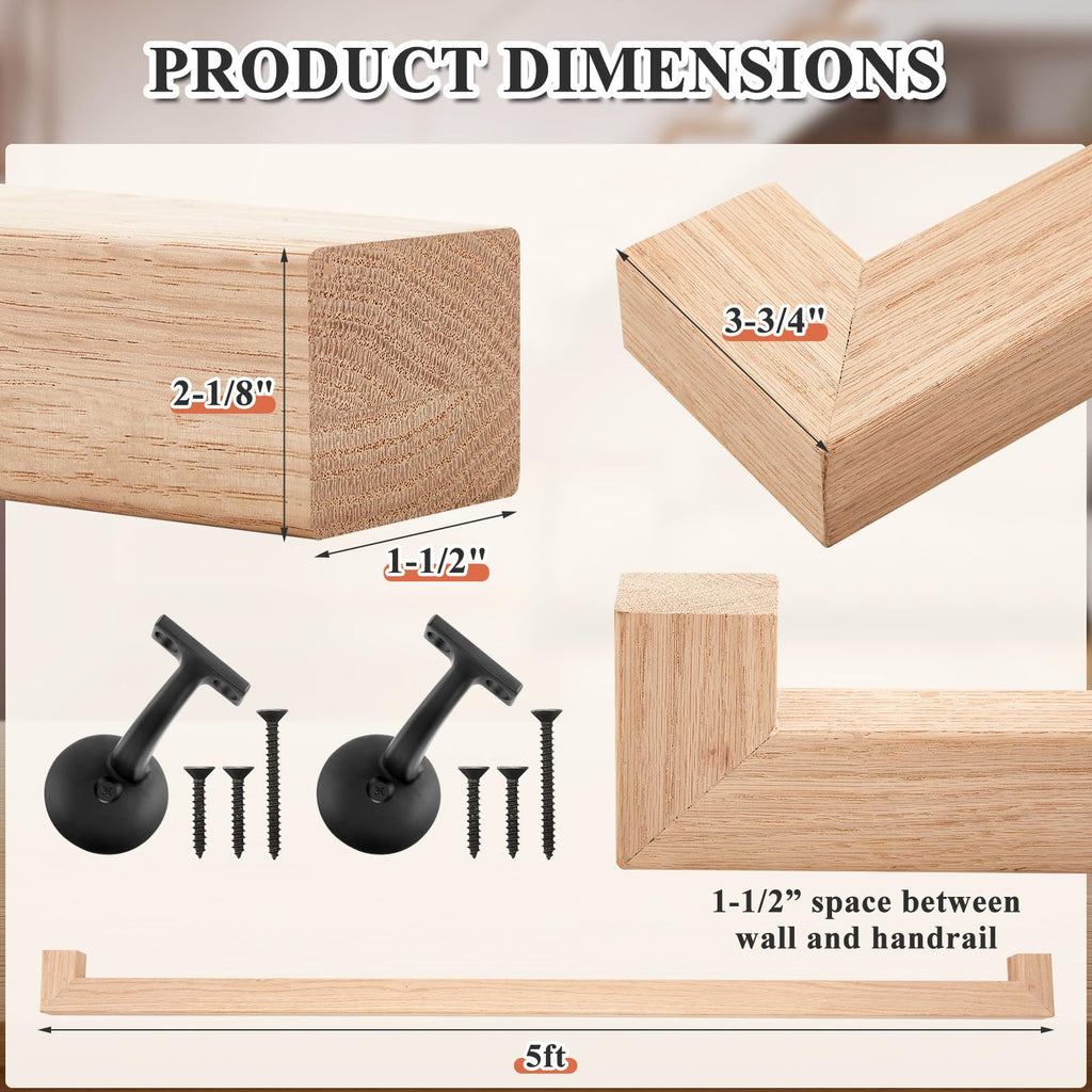 6002 Red Oak Handrail Kit 5 ft with Wall Returns and Wall Mount Brackets Indoor Wood Stairs Handrails Included Screws