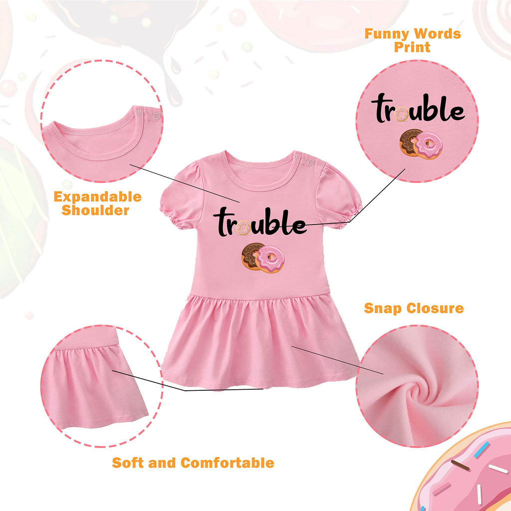 2 Pack Baby Twins Bodysuits Double Trouble Sweet Donuts Girl Outfits Sister Dresses Infant Romper Headband (Pink