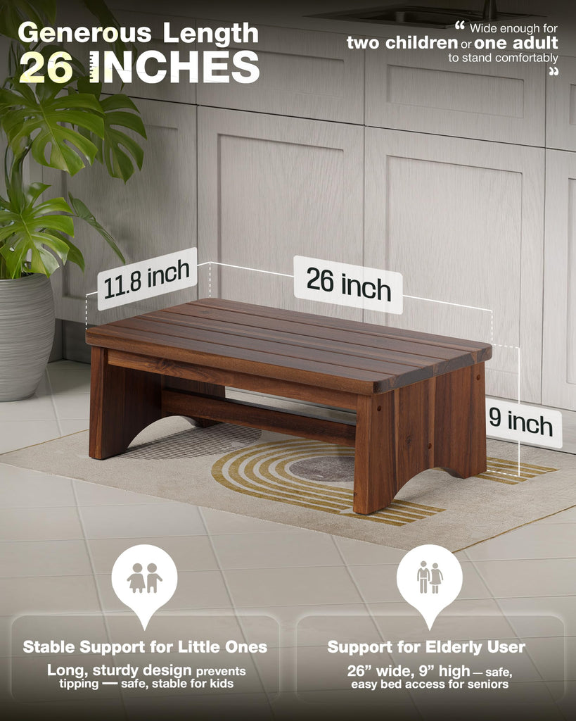 Extra Wide 26in Wooden Step Stool, Heavy Duty, Holds Up to 375 lbs