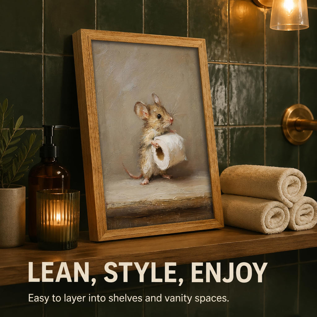 Framed Whimsical Textures Mouse Wall Art Funny Bathroom Wall Decor Cute Animal Painting Picture Neutral Beige Rustic