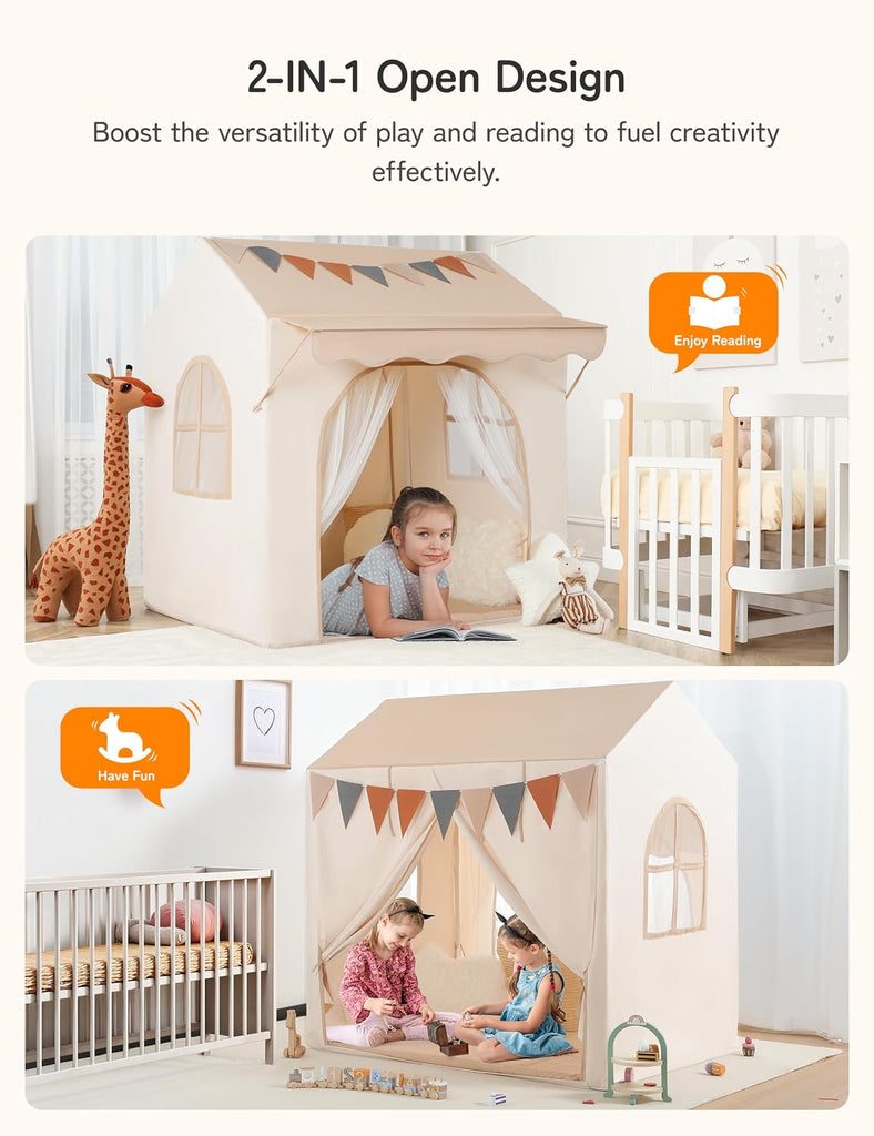 Kids Play Tent with Eave, Toddler Tent 2 in 1 with Padded Mat and Lights, Large Playhouse with 2 Doors & 2 Windows