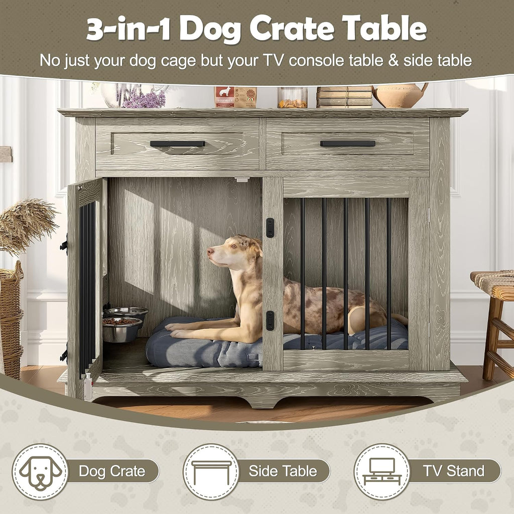 44.48" Large Dog Crate Furniture with 2 Drawers and Rotating Bowls (Gray)