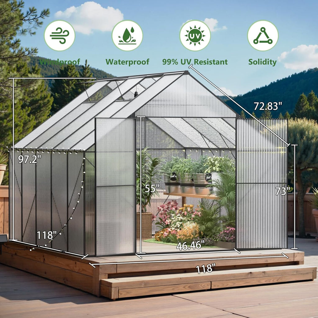 10x10 FT Greenhouse for Outdoors, Heavy-Duty Polycarbonate Greenhouse | Backyard Greenhouse Kit with Adjustable Roof