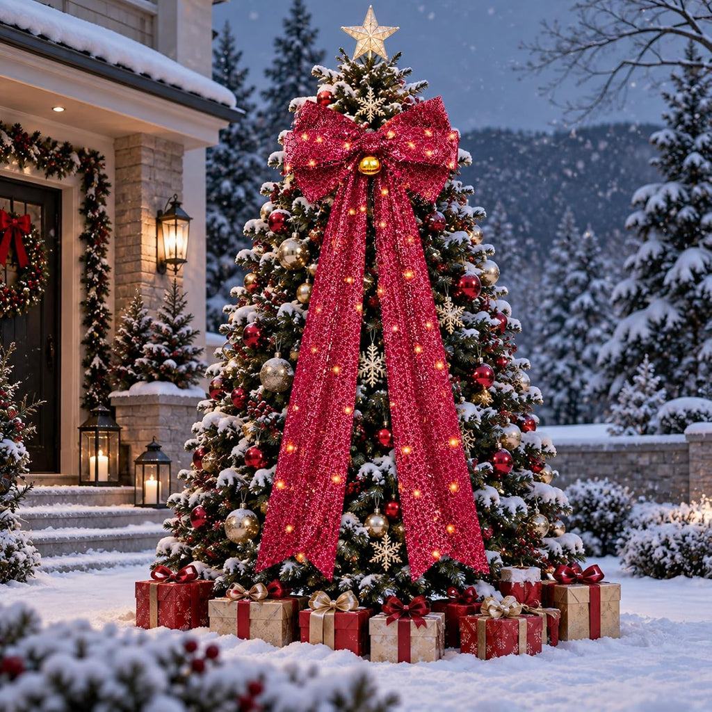 Extra Large Burgundy Velvet Bow Christmas Tree Topper with LED 1.97ft