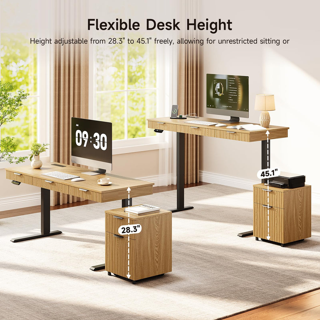55" Electric Standing Desk with File Cabinet, Height Adjustable, Oak