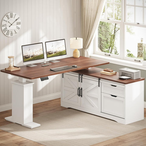 Farmhouse L Shaped Standing Desk, 55 inch Height Adjustable Corner Desk with Storage Drawers