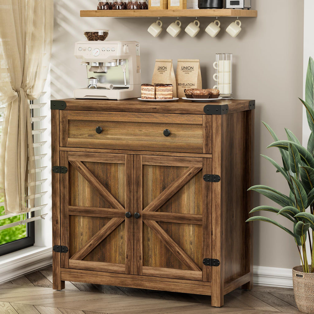 Farmhouse Coffee Bar and Accent Cabinet with Barn Doors, Brown