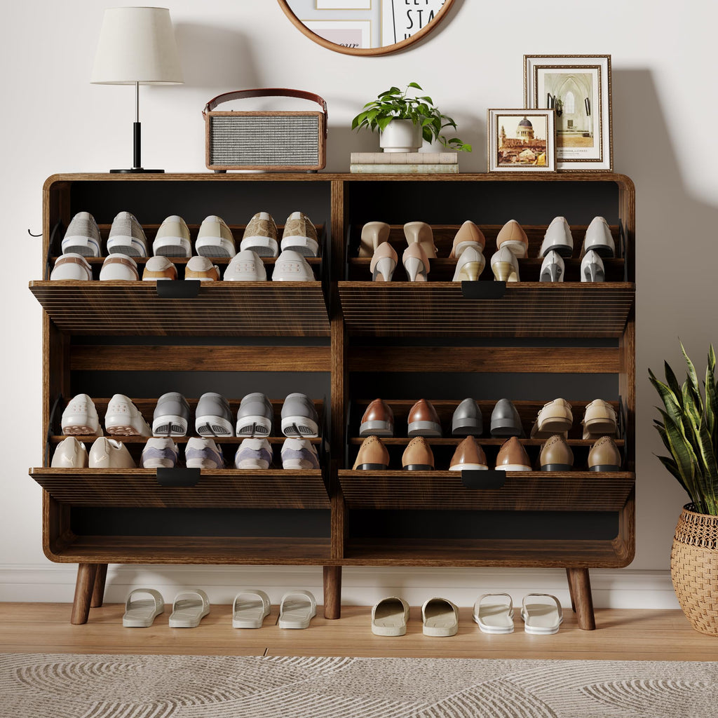 Fluted Shoe Storage Cabinet with 4 Flip Drawers, Walnut