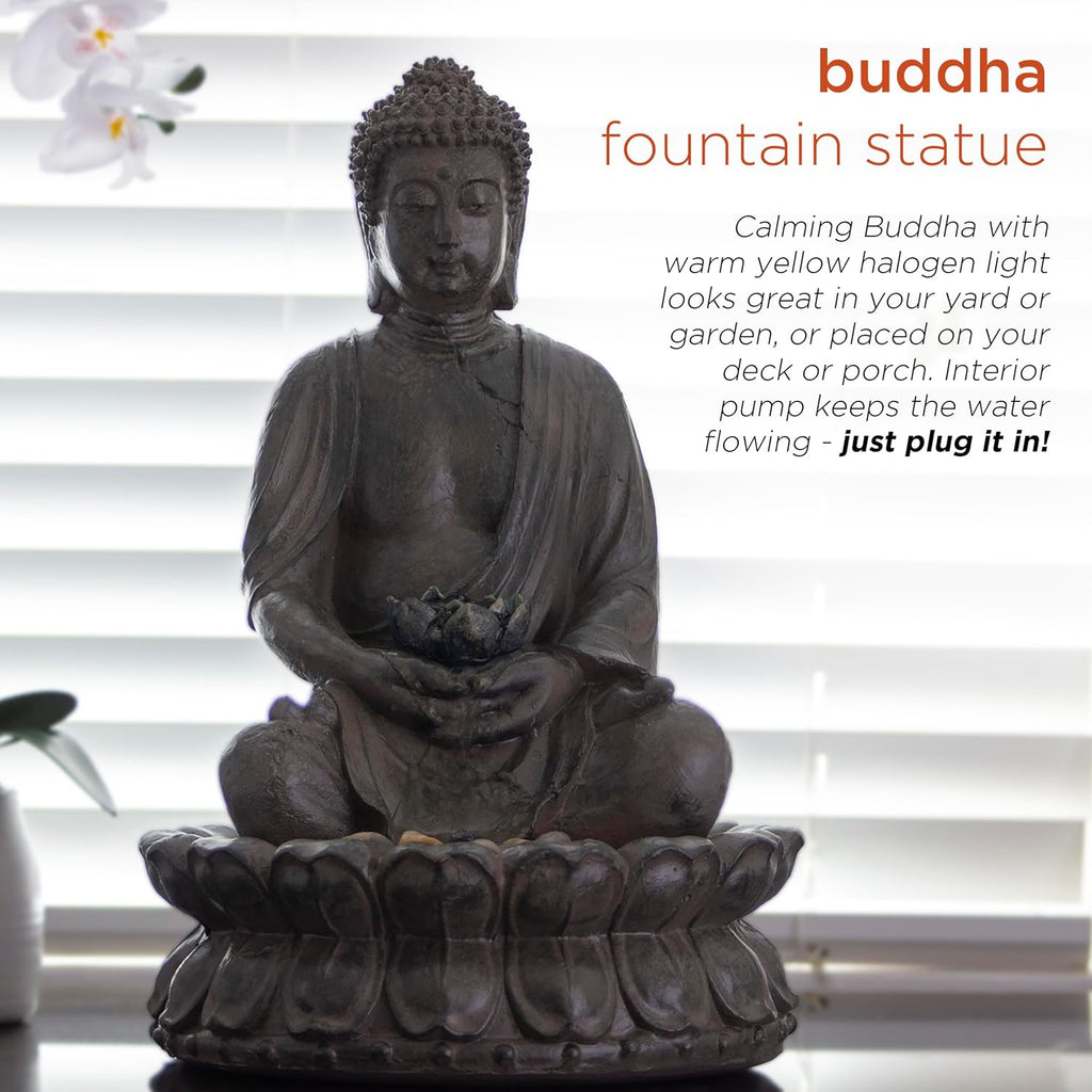 Indoor Tabletop Meditating Buddha Water Fountain with LED Lights and Lotus Flower, 19", Beige
