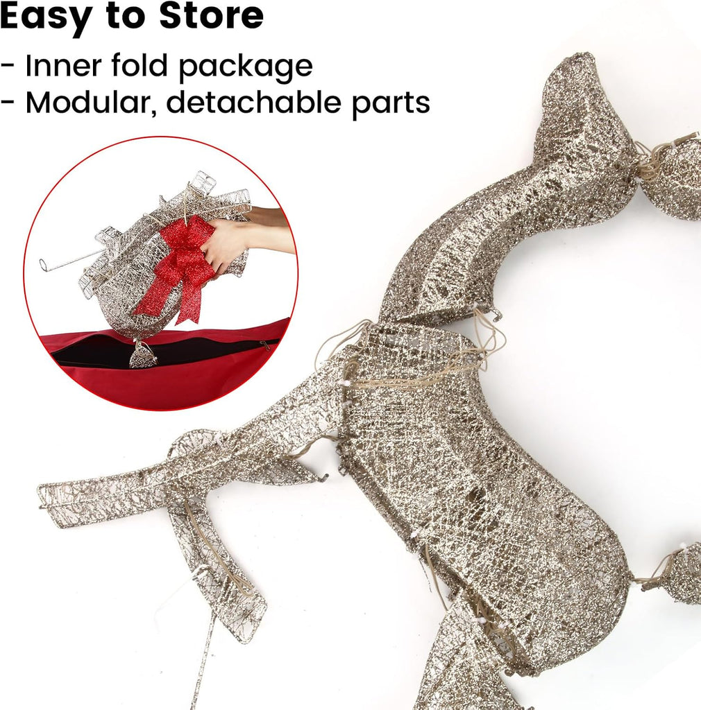 3D Christmas Reindeer Outdoor Decorations - 3 Pieces Set of Gold LED Deer Family with 240 Warm Lights - 5ft Buck &