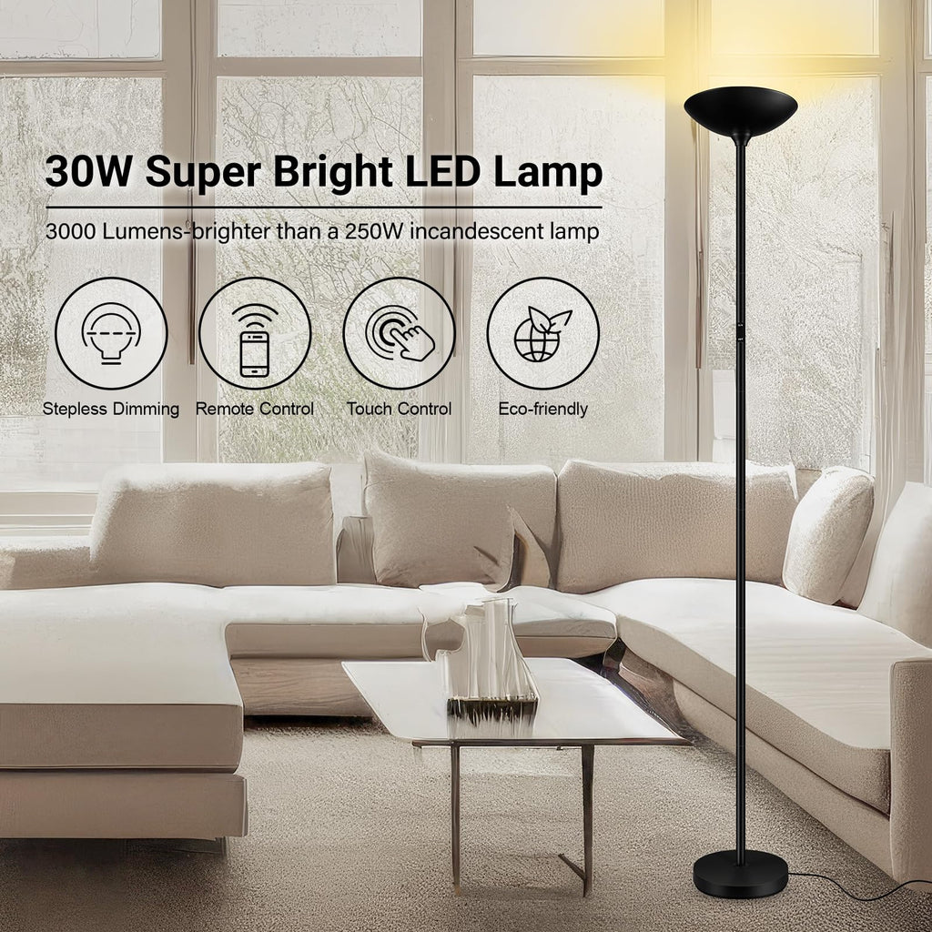 Dimmable Floor Lamp, Black, 30W LED Torchiere Standing Lamp