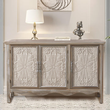 Buffet Cabinet with Storage, Vintage Solid Wood Sideboard with 3 Carved Doors, Long Sideboard Buffet Cabinet