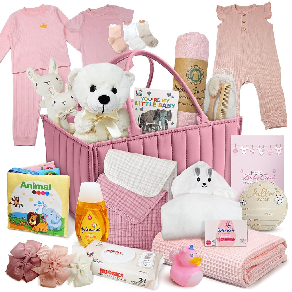 Premium New Baby Girl Gift Basket | Newborn Essentials Care Package in Diaper Caddy Organizer | Plush Toy, Baby
