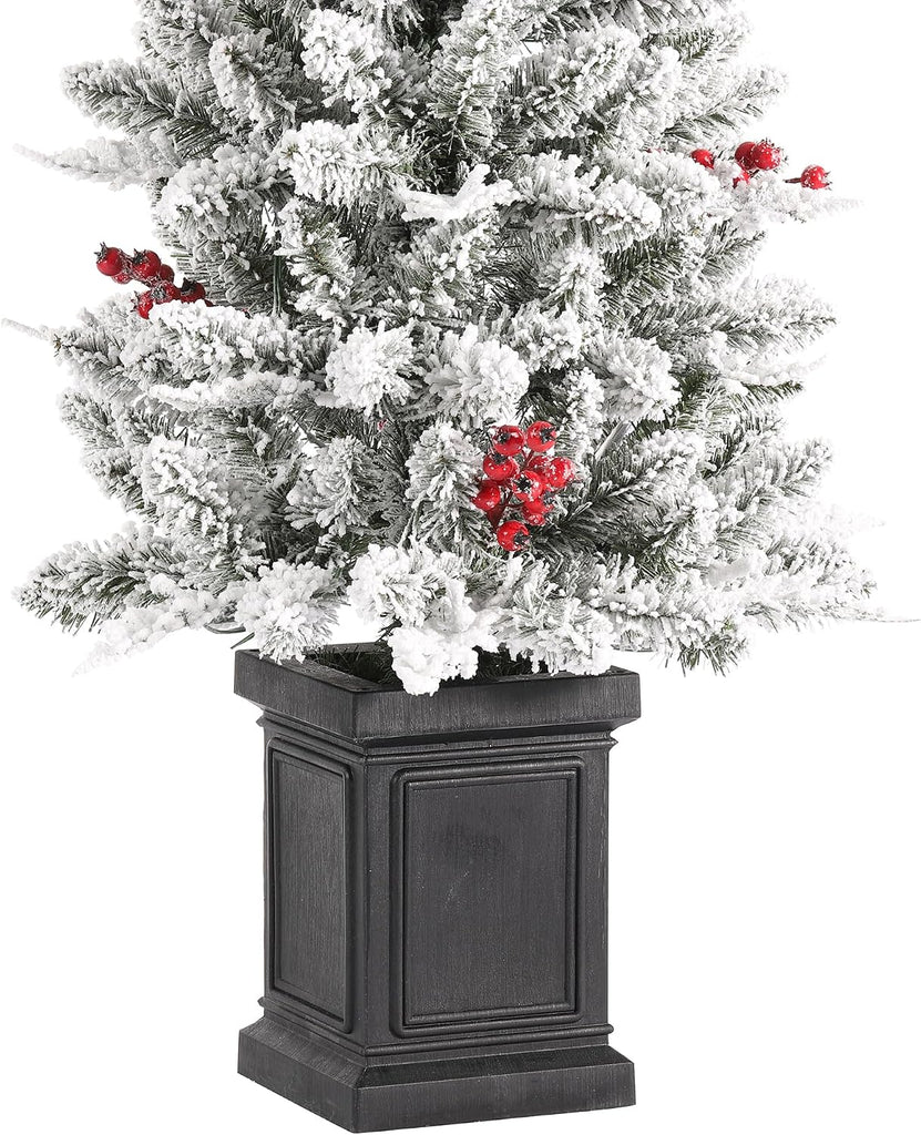 4ft Prelit Christmas Tree Set of 2, Flocked Artificial Christmas Porch Tree with Red Berries and 60 Warm