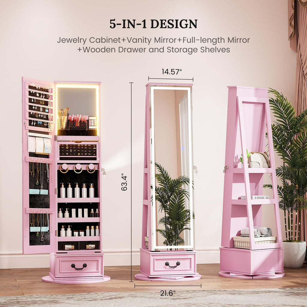 LED Mirror Jewelry Cabinet Standing, 360°Swivel Jewelry Armoire with Full Length Mirror, Mirror with Jewelry Storage