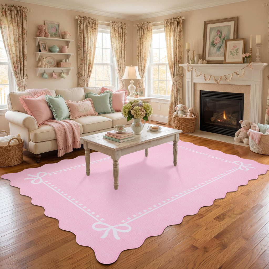 Scalloped Bow Rug Washable Solid Pink 8x10 Area Rug