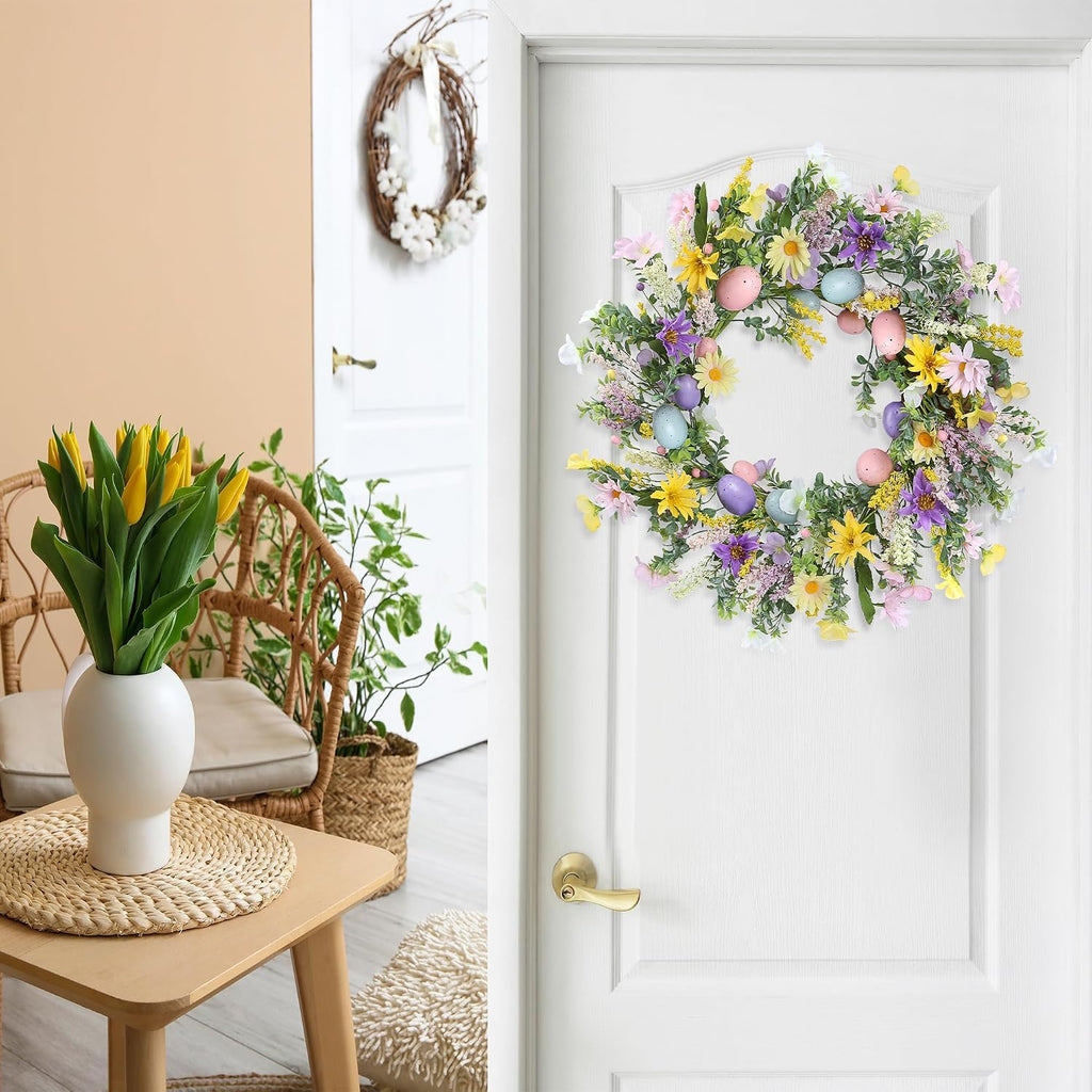 20 Inch Easter Wreath with Spring Artificial Flower Colorful Eggs Daisies Lavender Eucalyptus Leaves for Front Door