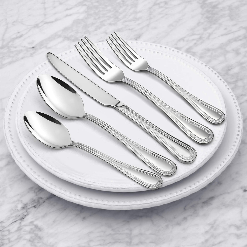 Silverware Set, 60-Piece Pearled Edge Stainless Steel Flatware for 12, Beading Tableware Cutlery Utensil, Mirror