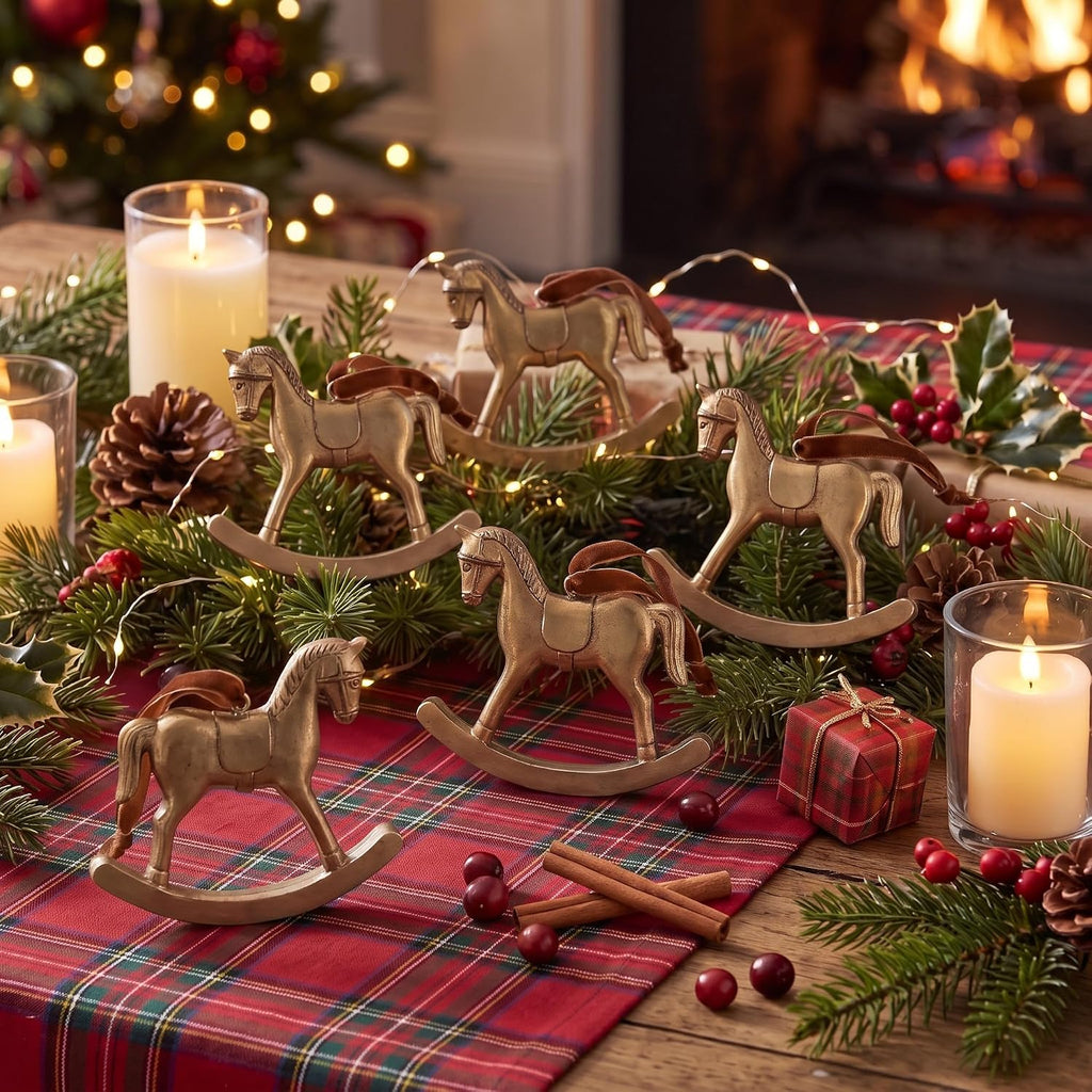 6 Pcs Vintage Christmas Rocking Horse Ornament, Solid Lanyard, Brown