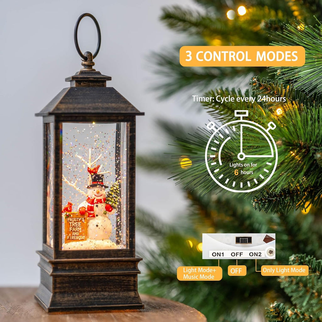 Christmas Snow Globe Water Glittering Farm Snowman with Music & Timer, USB Lined/Battery Operated Lighted Lantern