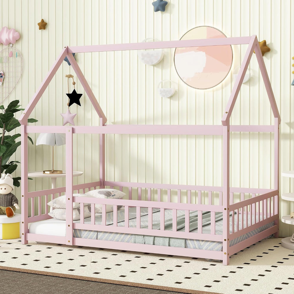 Pink House Bed, Solid Wood Montessori Floor Bed