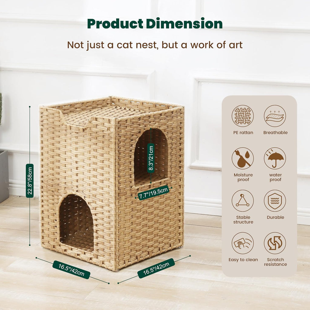 Safety Triple-Layer Cat House for Indoor Cats - Hand-Woven Rattan Cat Cave with 2 Hideaways & 3 Soft Pads - Foldable