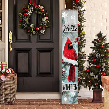 Winter Porch Sign, Christmas Sign for Front Porch, Cardinal Bird Wooden Sign Yard, Vertical Wood Sign Standing Front