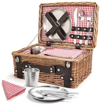 Basket Set for 2, Wicker Picnic Baskets with Waterproof Blanket and Cutlery Service Kit, Willow Hamper for Camping