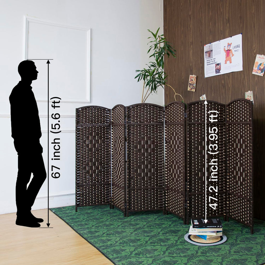 6 Panel Dark Brown Rattan Room Divider, 47.2" Low Height Double-Sided Folding Privacy Screen, Freestanding Partition