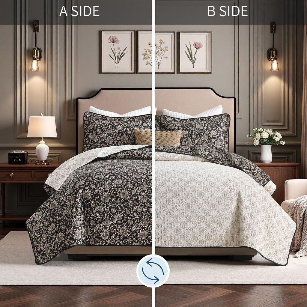 100% Cotton Quilt Set, Traditional Vintage Floral, Black/Cream