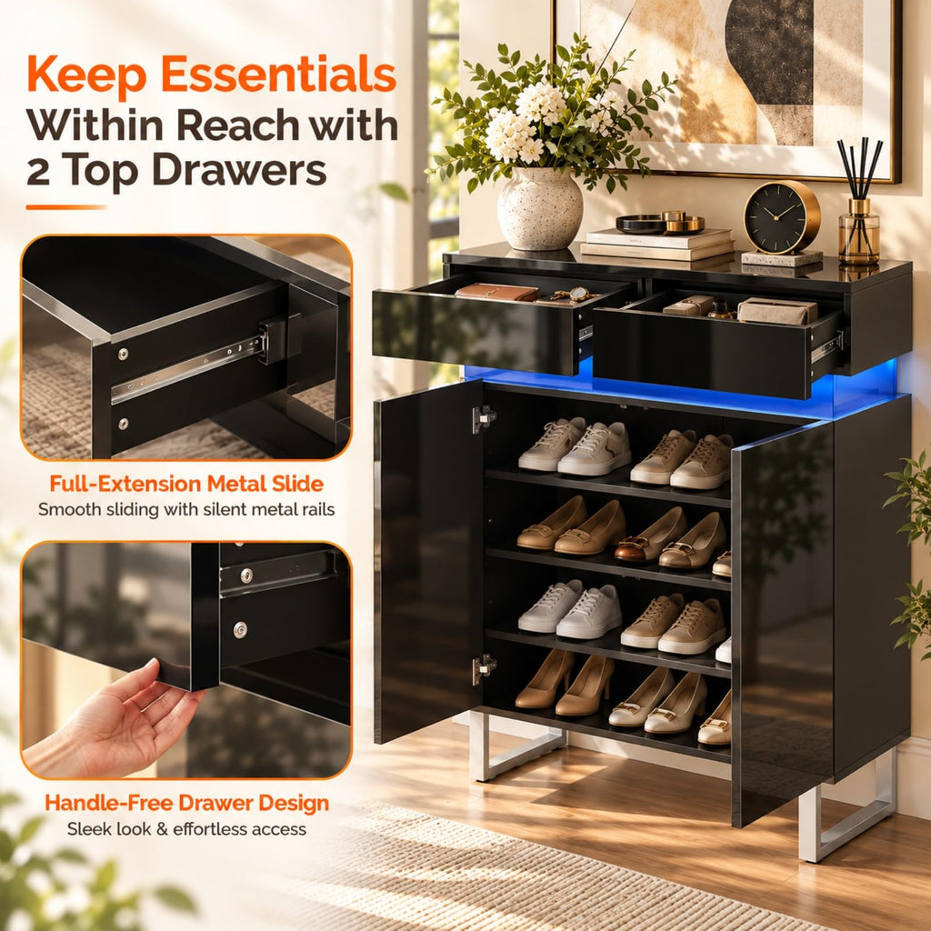 High Gloss Black Shoe Cabinet with LED Lights & 2 Storage Drawers