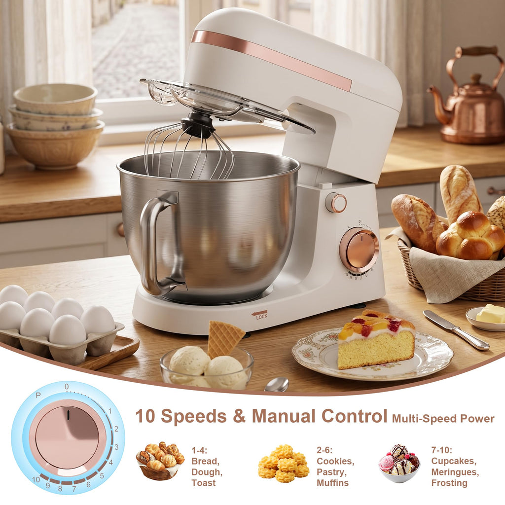 6.5 Qt 10-Speed Tilt-Head Stand Mixer with Dough Hook, Whisk, Beater & Splash Guard, Electric Kitchen Mixer for