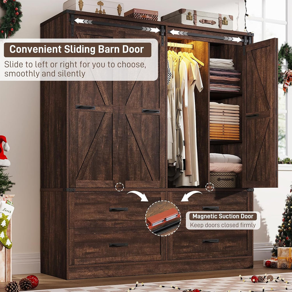 Farmhouse 4 Doors Armoire Wardrobe Closet w/Folding Sliding Barn Door and Lights, LED Armoire Closet w/Drawers