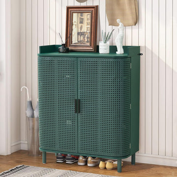 Shoe Cabinet, 5 Tier Boho Wooden Shoe Storage Organizer Cabinet with Adjustable Shelves, Shoes Rack with Iron Rattan