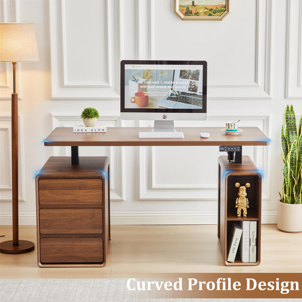 55" Wood Electric Standing Desk with Drawers and Storage Shelves