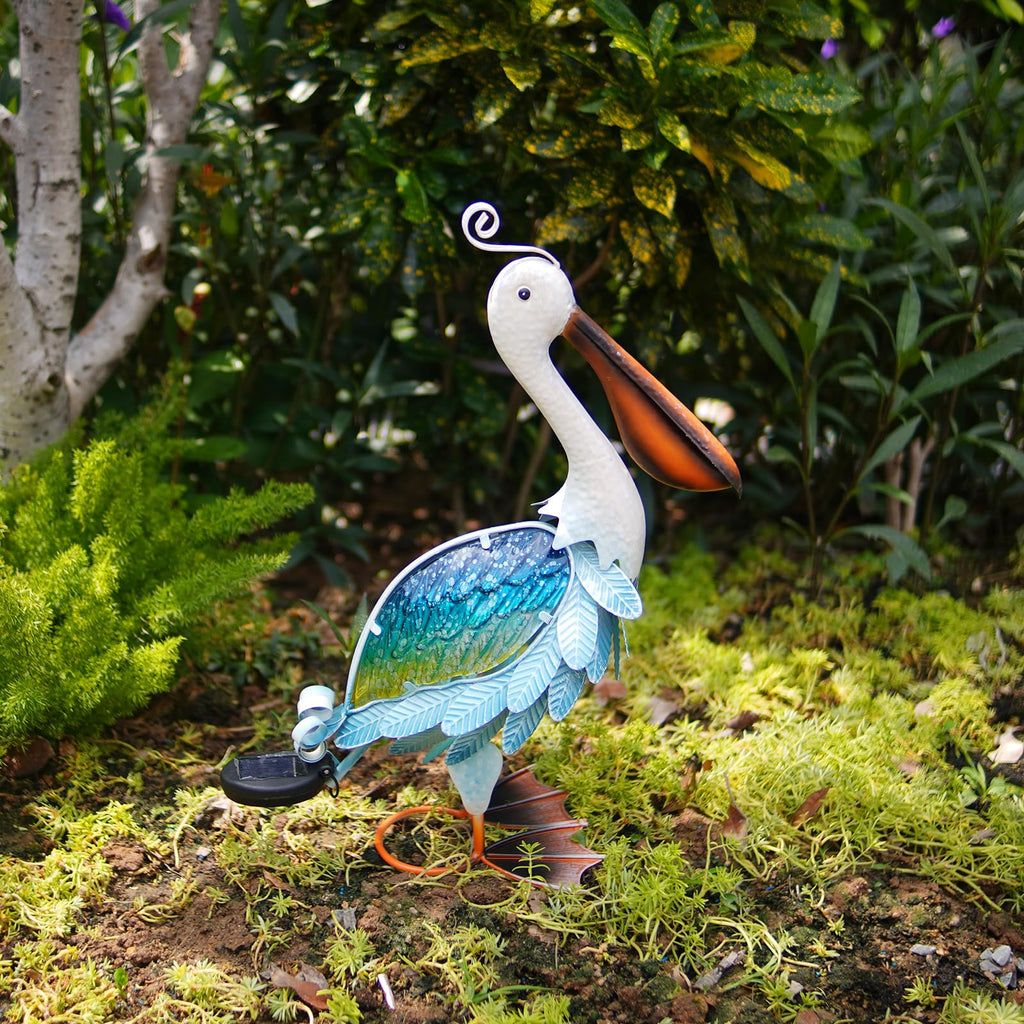 Solar Metal Pelican Statues Garden Sculpture & Statues, 19 Inch Glass Outdoor Pelican Yard Art Coastal Ocean Bird