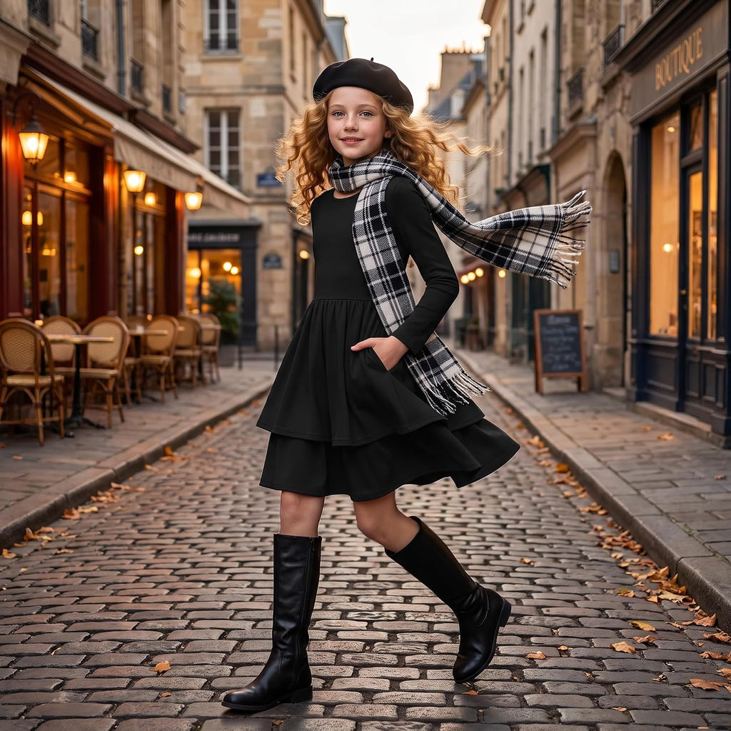 Girls Fall Dress Long Sleeve Tie Back Pockets School Party