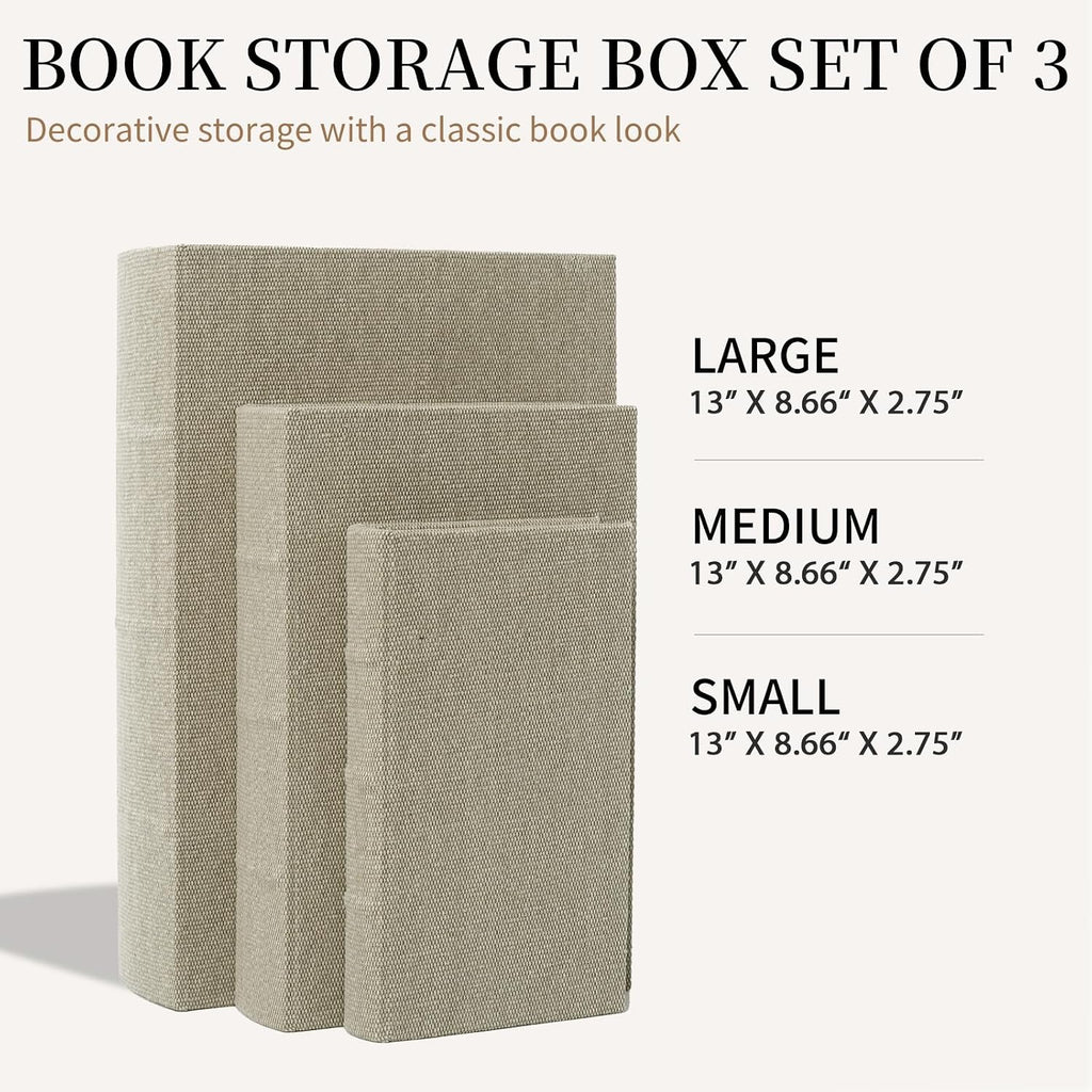 Decorative Book Boxes Set of 3 - Modern Faux Linen & Wood Hidden Storage for Coffee Table - Stackable Fake Books for