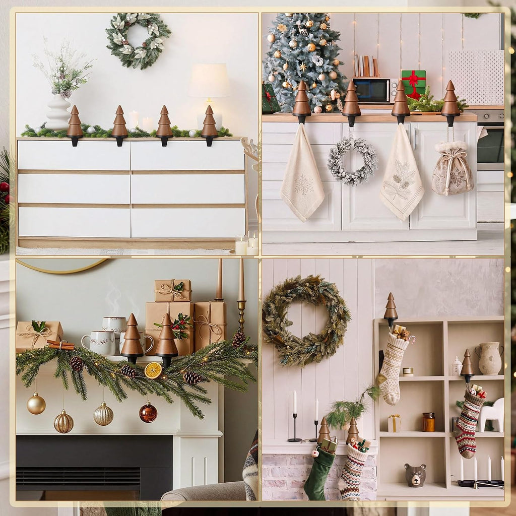 4 Pack Wooden Christmas Tree Stocking Holder for Mantle, Brown