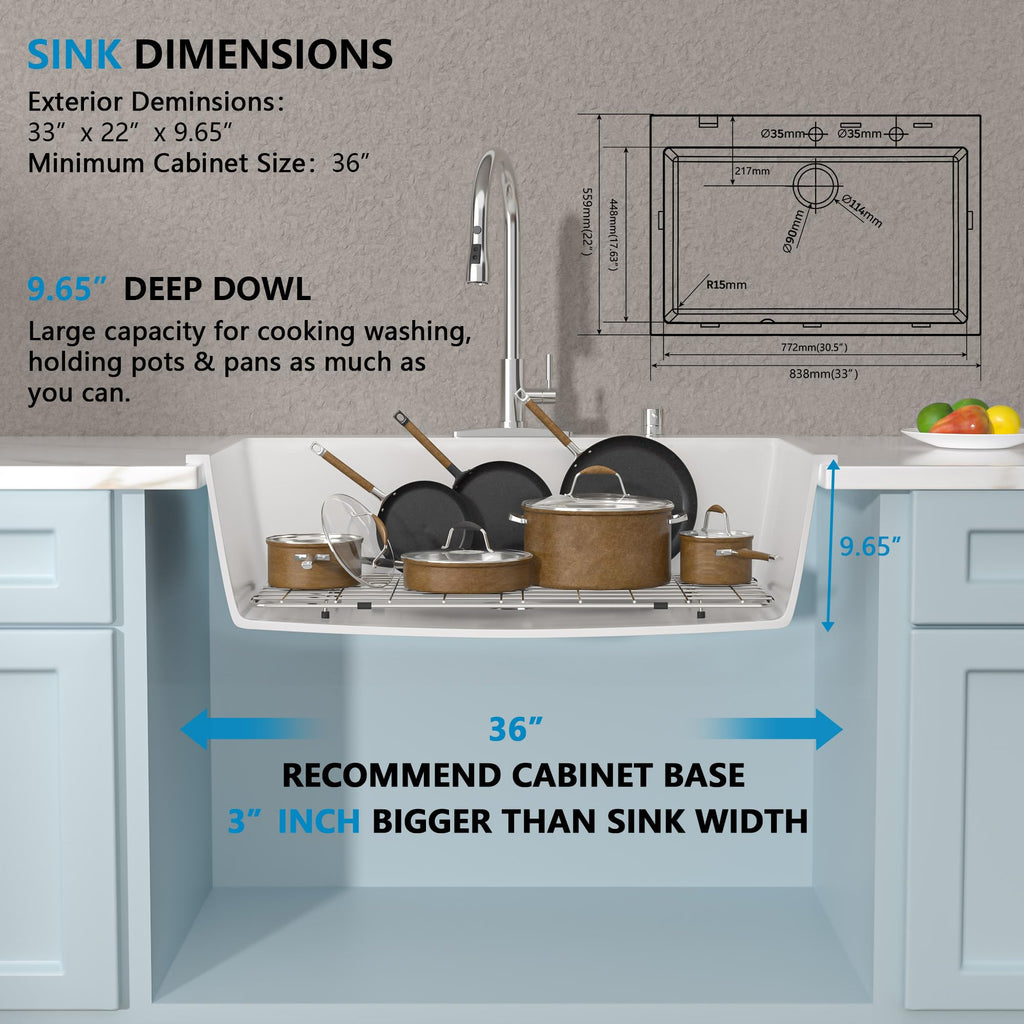 33"×22" Granite Composite - Drop-In Top Mount White Granite Quartz Classic Above Counter Single Bowl Sink Basin