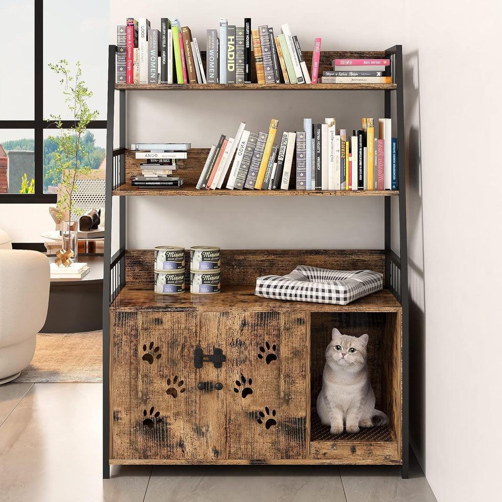 Large Cat Litter Box Enclosure with Shelf Storage, Hidden Cat Washroom Furniture, Wooden Cat House with Scratch Pad