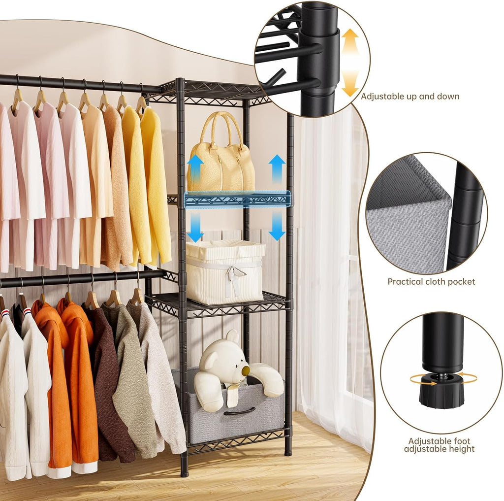 Heavy Duty Clothing Rack with Adjustable Shelves Clothes Wardrobe | Coat Rack Metal Closet Organizer and Storage