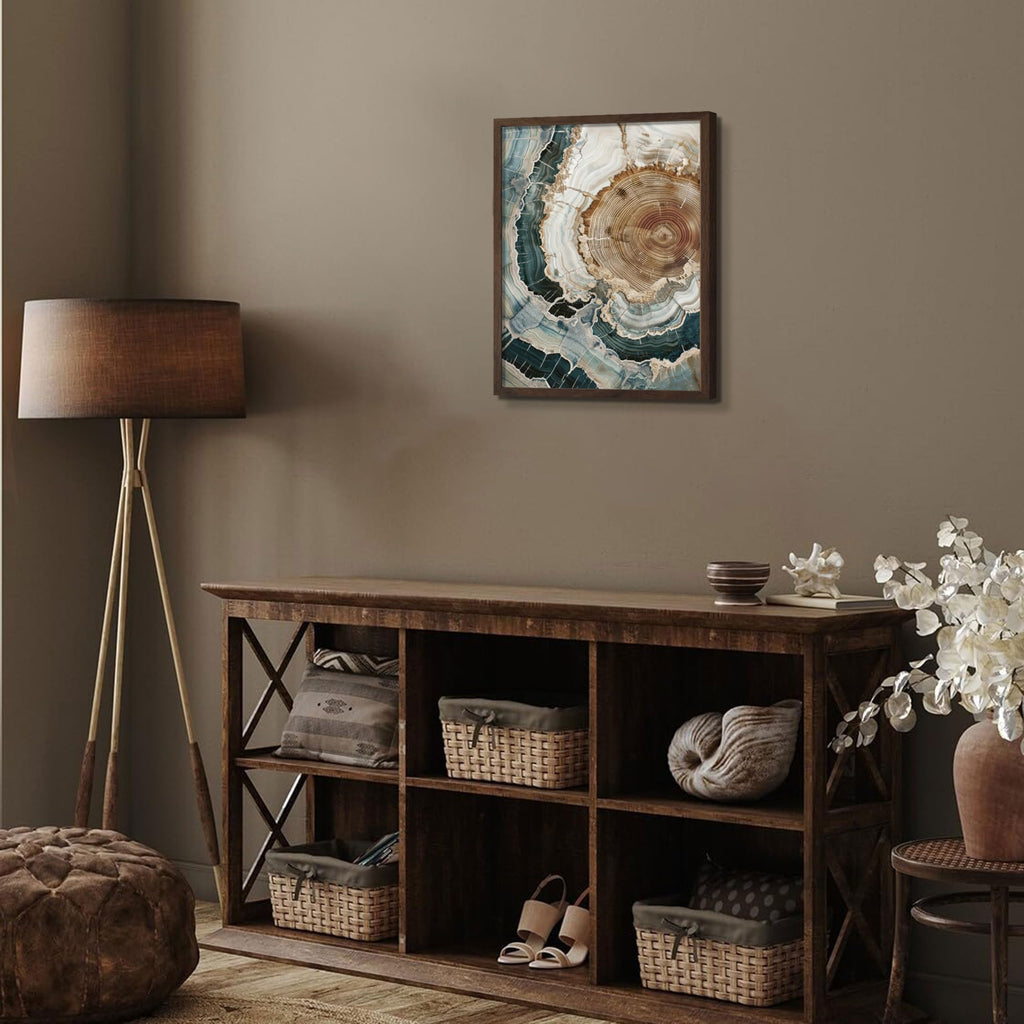 Abstract Nature Framed Wall Art, Modern Boho Tree Ring Canvas Prints Decor, Rustic Wood Slice Painting in Wood Frame